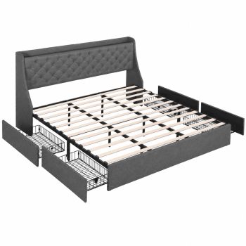 Artiss King Bed Frame with 4 Storage Drawers and Charging Station Tufted Wingback Headboard 300kg Loads Charcoal Grey