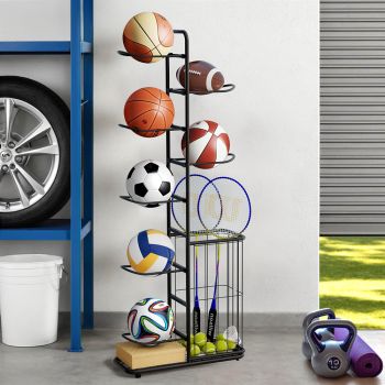 Everfit Ball Storage Rack Sports Equipment Organizer 7-Tier with Basket for Garage Gym Black