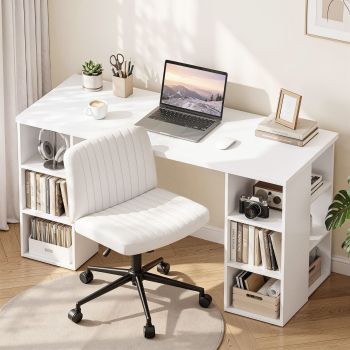 Artiss Office Desk & Chair Set 150cm Computer Desk with 6 Storage Shelves & Ergonomic Cross Legged Chair Armless Cross PU Leather Office Chair with Wheels