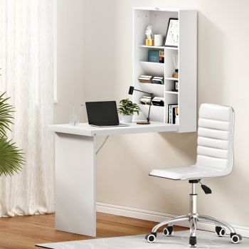 Artiss Computer Desk Office Chair Set PU Leather Wall Mount Foldable Table White