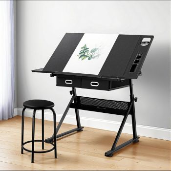 Artiss Drawing Desk Stool Set Drafting Table Adjustable Angle Tilt Drawers Black