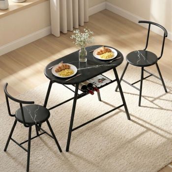 Artiss Dining Table Set 3PC Bistro Kitchen Storage Wine Rack Black Marble Style