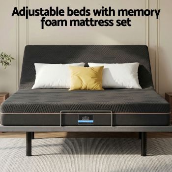 Artiss Queen size bed frame with Giselle Bedding Queen Mattress, adjustable bed Base Combo for Snoring Relief, Independent Head Foot Incline, Wireless Remote, Black,18cm Thickness