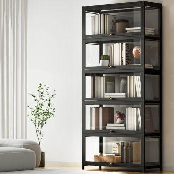 Artiss 5-Tier Display Cabinet Storage Bookshelf Clear Shelf Black