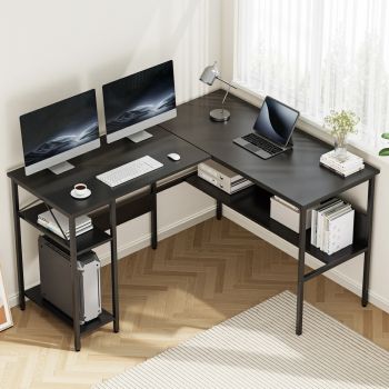 Artiss Computer Desk L shape Home Office Study Table Desks Open Shelf Black