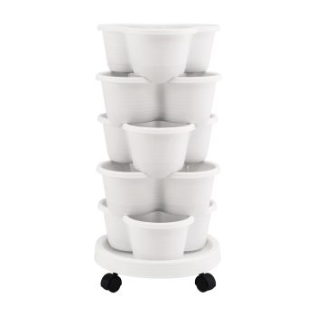 Green Fingers 5 Tier Vertical Garden Planter, Stackable Planters with Wheels, White, Garden Bed, Garden Tower Indoor Outdoor, Auto Drainage System, for Strawberries, Herbs, Flowers, Vegetables
