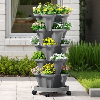 Green Fingers Raised Garden Bed 5 Tier Vertical Garden Grey Strawberry Stackable Planters Herbs Petunias 