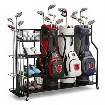Everfit Golf 3 Bag Storage Golf Storage Garage Organizer with Wheels Black