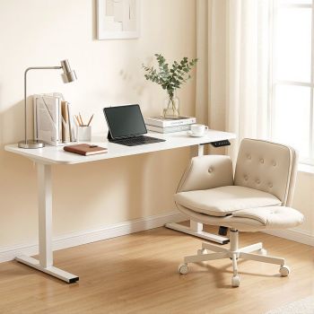 Artiss Criss Cross Chair with Wheels & Adjustable Armrests and Electric Standing Desk 140cm with Memory Presets, Ergonomic Cross Legged Chair and Office Desk Set