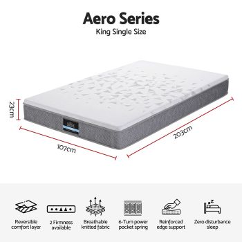 Giselle Bedding King Single Mattress 23cm Pocket Spring Mattress with Adjustable Firmness Reversible Foam Layer for Medium Firm & Firm Support Motion Isolation Bedroom Bed