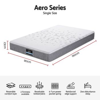 Giselle Bedding Single Mattress 23cm Pocket Spring Mattress with Adjustable Firmness Reversible Foam Layer for Medium Firm & Firm Support Motion Isolation Bedroom Bed