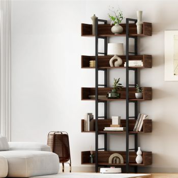 Artiss Bookshelf 5-Tier Bookcase Display Shelves Metal Storage Stand Rack Walnut