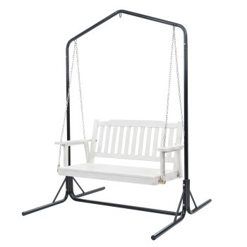 Gardeon Wooden 2-Seater Outdoor Swing Chair with Black Stand White Hanging Chair