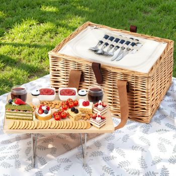 Alfresco 2 Person Picnic Basket Set with Table Blanket Cooler Wooden Insulated