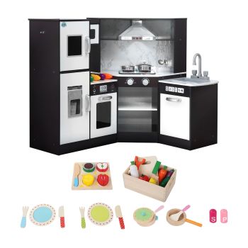 Keezi Kids Wooden Kitchen Playset 29pc Food Set Black White