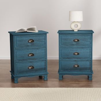 Artiss 2x Bedside Table 3 Drawers Vintage - THYME Blue