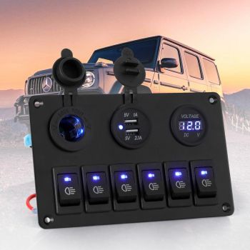 Giantz 6 Gang 12V Switch Panel For Car Boat Marine USB ON-OFF LED Rocker Toggle 