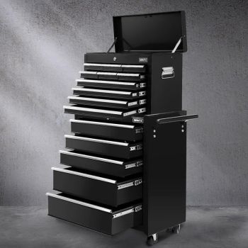 Giantz 15 Drawers Tool Chest Trolley Toolbox 2-in-1 Storage Black
