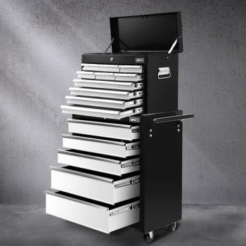 Giantz 15 Drawers Tool Chest Trolley Toolbox 2-in-1 Storage Black& Grey