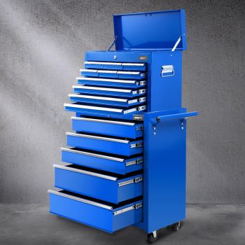 Giantz 15 Drawers Tool Chest Trolley Toolbox 2-in-1 Storage Blue