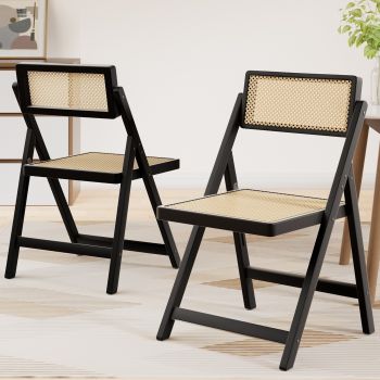 Artiss 2x Dining Chairs Wooden Rattan Foldable Black