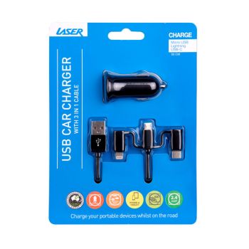Laser USB Car Charger Black with 3-in-1 Cable: Micro USB, Type-C