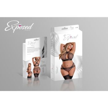 Exposed Lingerie Cross Strap Split Thong Black - Black - Large/Extra Large