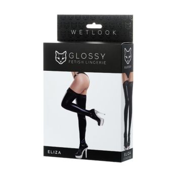Glossy Wetlook Stockings Lace Insert Eliza - Black - Extra Large