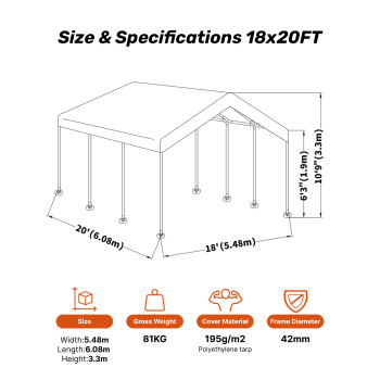 Samland Portable Carport Garage Shelter Canopy Double Size 18x20FT