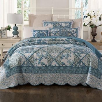 Blue Bouquet Cotton 100% Cotton Quilted 3 pcs Bedspread Coverlet Set Queen