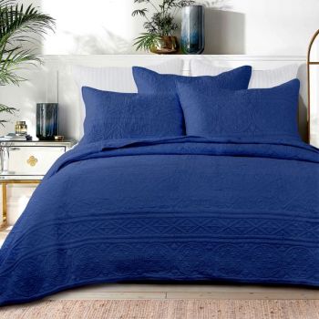 Navy Classic Cotton 100% Cotton Quilted 3 pcs Bedspread Coverlet Set Queen