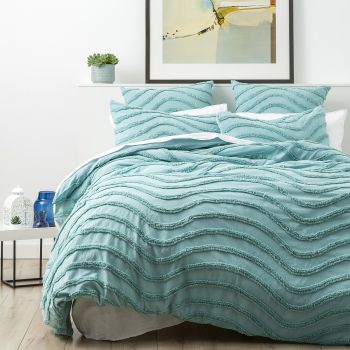 Chenille Wave 100% Cotton Vintage Washed Aqua Tufted Quilt Cover Set by Cloud Linen