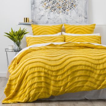 Chenille Wave 100% Cotton Vintage Washed Mustard Tufted Quilt Cover Set by Cloud Linen