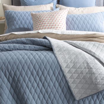 Diamante Vintage Stone Washed Cotton Reversible Quilted Blue Coverlet Set by Renee Taylor Super King