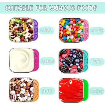 6Pack 6oz Stainless Steel Snack Containers and 2oz Salad Dressing To Go Containers with Silicone Lids, Reusable Square Meal Prep Condiment Sauce Containers Lunch Box