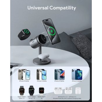 Aukey MagFusion 3-in-1 Pro Qi2 Magnetic Fast Wireless Charging Station with Active Cooling (LC-MC311A)