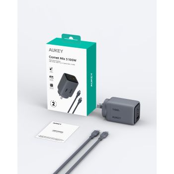 Aukey Comet 100W PD Fast Wall Charger GaN USB-C with 100W 1.8m USB-C to C Cable (PA-C5)
