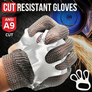 cut-resistant glove, stainless steel chainmail glove, industrial hand protection, adjustable safety glove, meat cutting glove, glass handling glove, Australia work wear, PPE hand safety - Silver - Size M-23CM