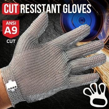 cut-resistant glove, stainless steel chainmail glove, industrial hand protection, adjustable safety glove, meat cutting glove, glass handling glove, Australia work wear, PPE hand safety - Silver - Size XS-21CM