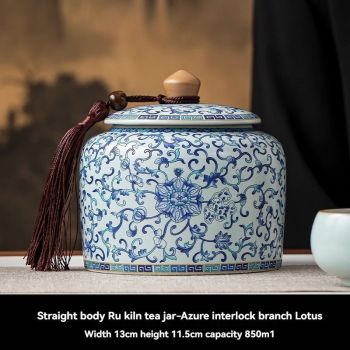 Ru Kiln tea jar, blue-and-white ceramic canister, airtight tea storage, floral tea container, Australian tea accessory - Cyan - Size 7