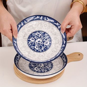 blue-and-white porcelain plate, 8.2-inch ceramic plate, floral design plate, microwave safe plate, Chinese style plate, festive dining plate, traditional Chinese porcelain, round ceramic plate, gift idea, elegant tableware - Cyan - Size 4pcs