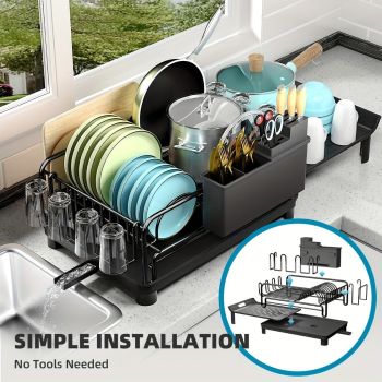 extendable dish drying rack, rust proof dish rack, auto drain dish rack, utensil and cup holder, kitchen counter dish rack, Australian kitchen, drying rack with tray - Black - Size Black