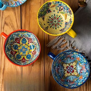 Bohemian Ceramic Cups Vibrant Floral Drinkware Hand-Painted Coffee Cups Unique - Gulanduo - Size 400ml