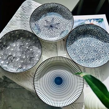 Ceramic Dinner Plates Set Of 4 Plates 4 Styles Dining Tableware High-Quality - Indigo - Size Pack of 4 pieces