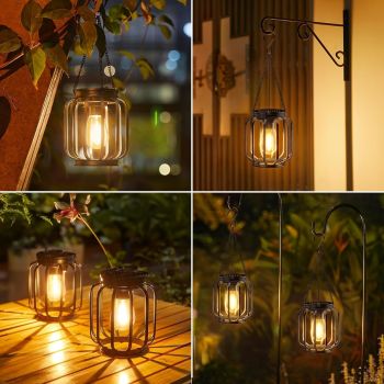 solar outdoor hanging lanterns, metal lanterns for garden, outdoor lighting decor, warm light lanterns, solar-powered lanterns, Australian outdoor lighting, patio solar lights, garden lanterns, eco-friendly outdoor lights - Black - Size 2PCS