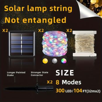 solar outdoor string lights, 300LED solar lights, copper wire fairy lights, 8-pattern solar lights, garden lights Australia, courtyard lights, Christmas lights, party lights, wedding lights, warm white, cool white, multi-color solar lights - Warm light - 