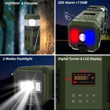 AM FM radio, NOAA weather alert radio, hand crank emergency radio, solar camping light, Bluetooth speaker radio, portable phone charger radio, outdoor survival radio, camping radio Australia, disaster preparedness radio, rechargeable weather radio - Green