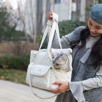 Gray White cat carrier bag, cat transportation, quilted cat carrier, cat travel, pet care, cat supplies, Australian pet carrier, cat travel bag