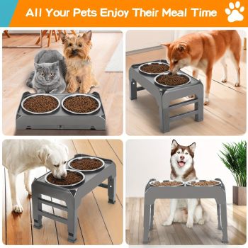Gray Black dog feeder, elevated dog feeder, double bowl dog feeder, stainless steel dog bowls, ergonomic pet feeder, anti-slip dog bowl stand