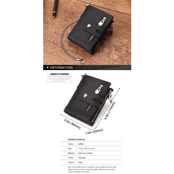 men's genuine leather wallet, RFID-blocking wallet, short men's wallet, multi-card slot wallet, multiple zipper coin pocket wallet - Black - Size L